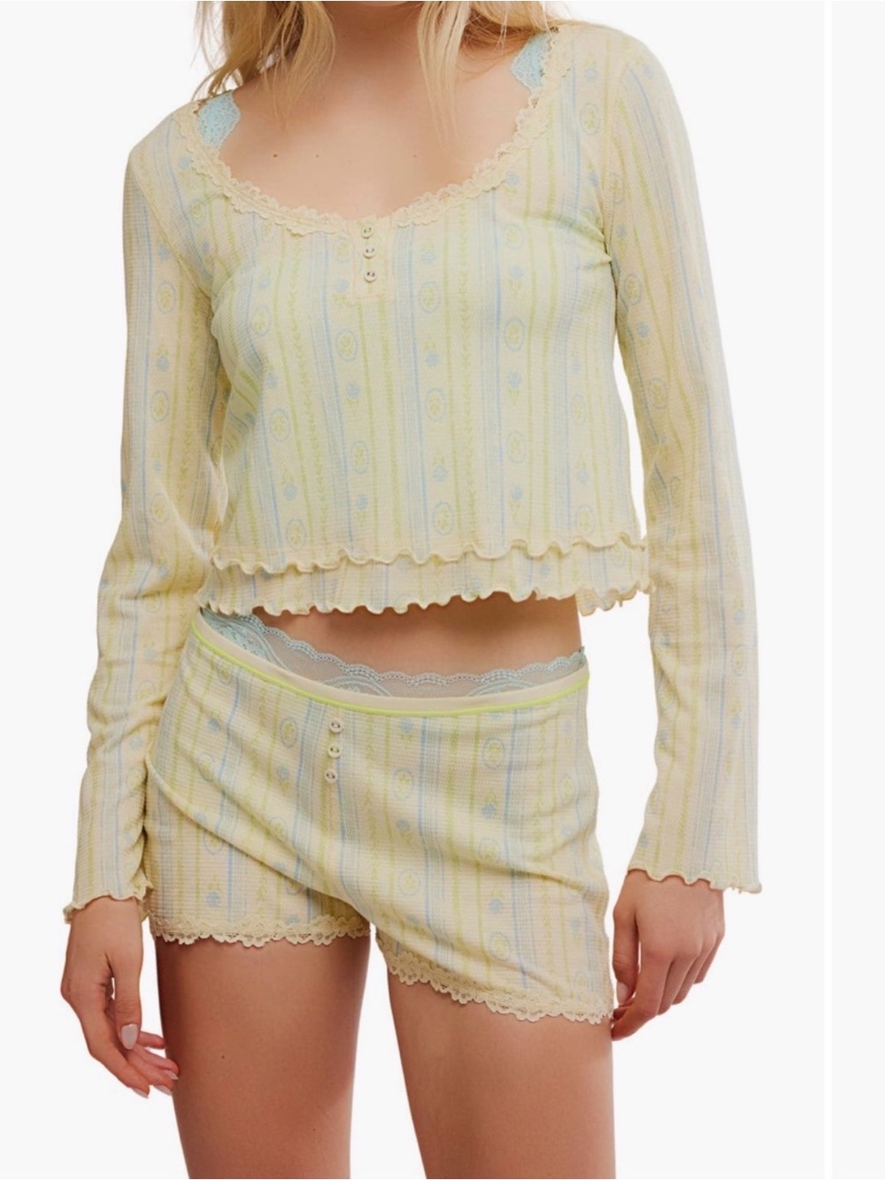 Free People Intimately Butter Combo Waffle Knit Pajama Set Medium NWT $128